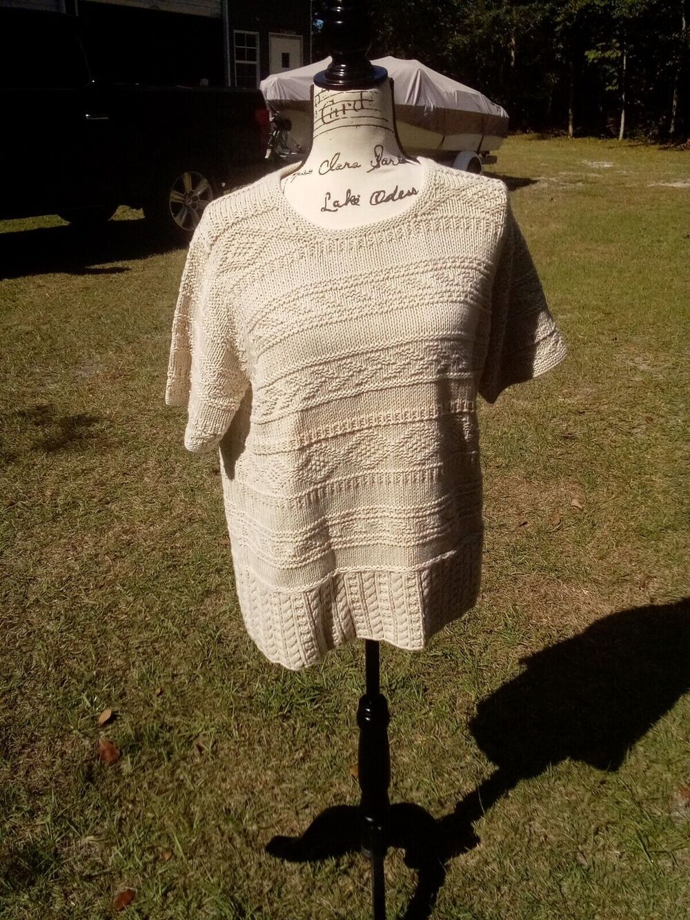 ORVIS Women's Beige High Quality L Cotton Short Sleeve Sweater